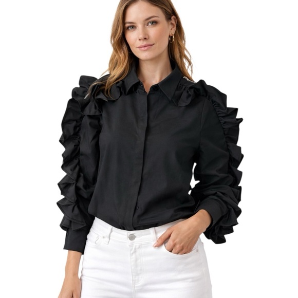 Tops - Dramatic Black Zip Ruffle Sleeve Top